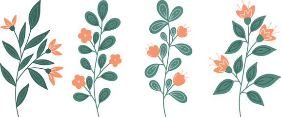 Set of floral elements. Vector illustration in doodle style.