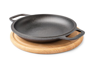 Board with frying pan isolated on white background