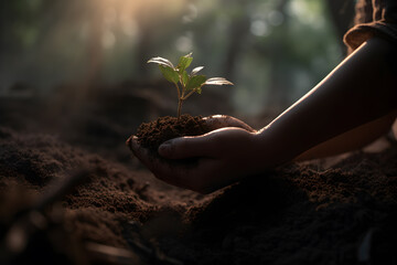 hands holding a plant in the dirt, in the style of backlight. concept green world earth day
 - generative ai
