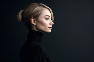 Generative AI - Side View Portrait of a Beautiful Elegant Woman in a Black Turtleneck