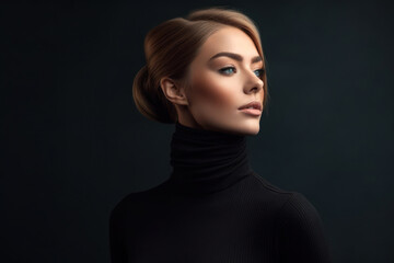 Fototapeta premium Generative AI - Side View Portrait of a Beautiful Elegant Woman in a Black Turtleneck