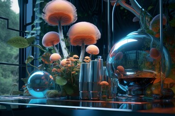 Decorative glass figurine with futuristic mushrooms outside. Ai Generative AI