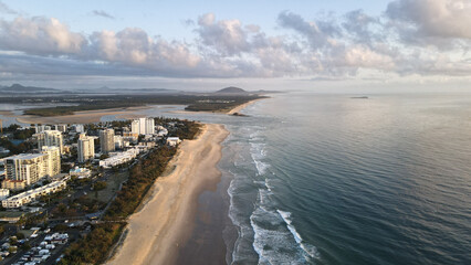 Drone photo of the Alexandra Headland beach on the Sunshine Coast, Australia. Looking north on a warm summer morning.