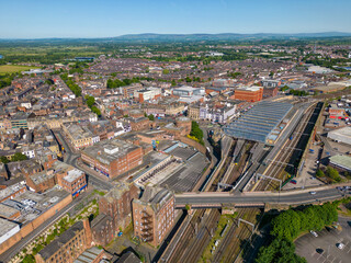 Aerial drone photo of the train station in Carlisle, a town in Cumbria England. 