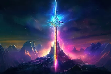 Fotobehang glowing magical sword in a fantasy landscape, Generative AI © Dianne