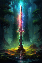 glowing magical sword in a fantasy forest, adventure quest, Generative AI