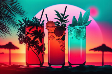 Ai generated illustration A row of colorful cocktails on a tropical beach at sunset.