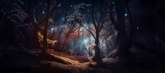 Magical forest at night time. AI generated Generative AI