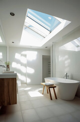 Fototapeta na wymiar Generative AI illustration of minimalist luxury bathroom in white and pastel colors