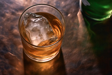 Glass of whiskey with single ice rock inside, Generative A.I.