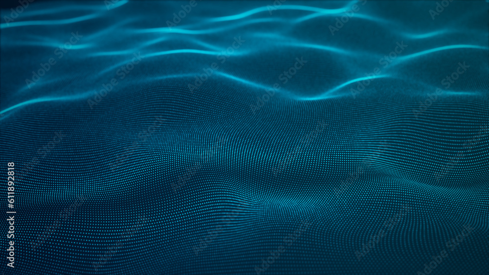 Poster particle wave digital abstract background, blue color and particles rising, 3d rendering