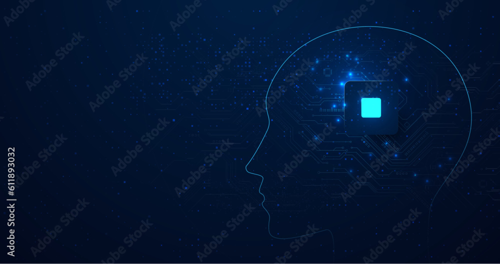 Aufkleber Artificial intelligence. AI. human head with Digital brain processing. Futuristic Cyber Technology. Circuit board background