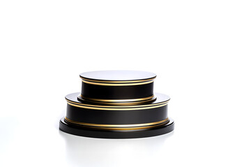 Creative minimal concept. Luxury black gold round circle winner podium on white background. Mock up template for product presentation. 3D rendering. copy text space

