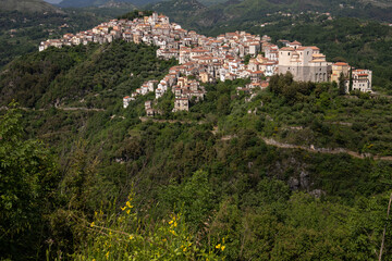 Fototapeta na wymiar Beautiful view of the White City, Mediterranean mountain village in the middle of nature, Rivello, Campania, Salerno, Italy