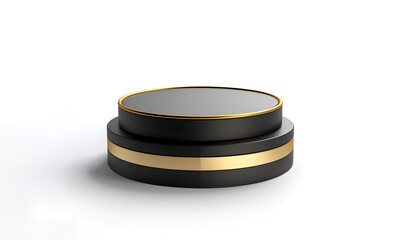 Creative minimal concept. Luxury black gold round circle winner podium on white background. Mock up template for product presentation. 3D rendering. copy text space

