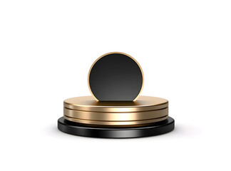 Creative minimal concept. Luxury black gold round circle winner podium on white background. Mock up template for product presentation. 3D rendering. copy text space

