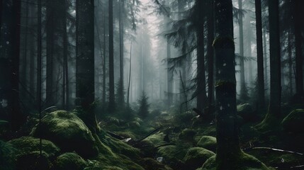 a beautiful shot of a forest surrounded by trees in the forest during the mist Generative AI, AI Generated