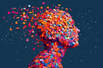 Man Made of Confetti Exploding Off of His Head, Mental Health Concepts, Generative AI - obrazy, fototapety, plakaty
