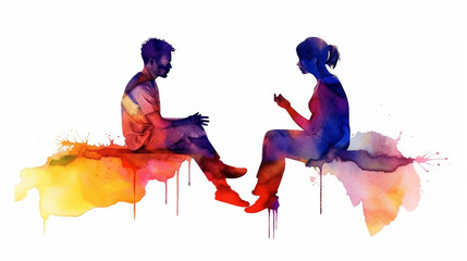 Watercolor Painting of Two People talking, Having a Therapy Session, Mental Health Concepts, Generative AI