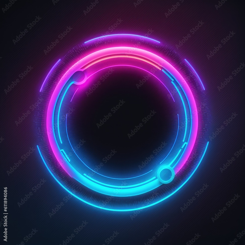 Poster overlapped lightning neon magical round effecting on black background. reflection of glowing digital