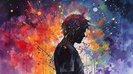 Watercolor Silhouette Man Surrounded by Chaotic Paint Splatter, Mental Health Concepts, Generative AI - obrazy, fototapety, plakaty