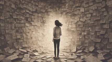 Woman Standing in a Room Full of Words, Bullying Concept, Mental Health Concepts, Generative AI