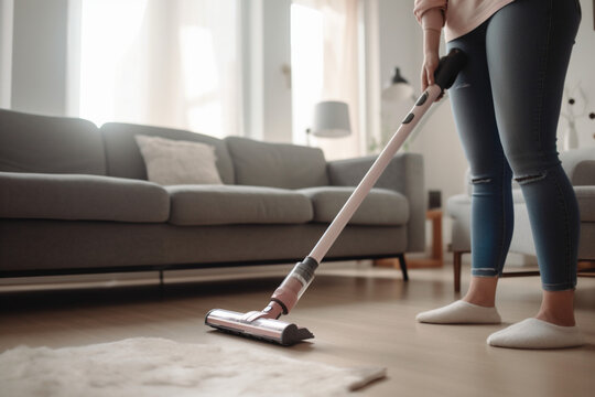 unrecognizable Woman with cordless vacuum cleaning floor at home