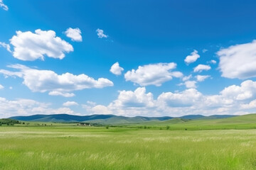Obraz premium Serene Panoramic Landscape: Green Grass Field, Blue Sky, and Majestic Mountains