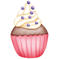 Single red cupcake with purple ball illustration