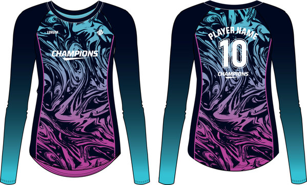 women Long Sleeve Sports Jersey t-shirt design concept Illustration suitable for girls and Ladies for Volleyball jersey, Football, Soccer, netball and tennis, marble skull pattern Sport uniform kit
