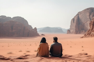 unrecognizable Young woman and man traveler contemplating the scenic landscape of Wadi Rum desert