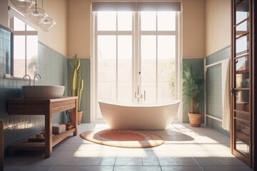 Fototapeta na wymiar Upgrade your bathroom to a minimalist and elegant space with a sleek freestanding bathtub and stylish sink. AI Generative.