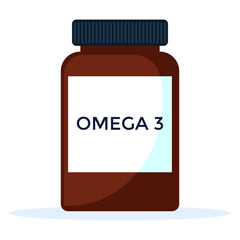 Omega 3 in capsules in dark jar isolated on white background.