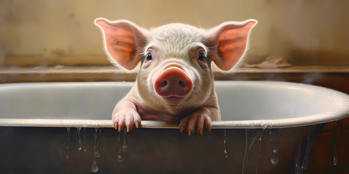 a dirty piglet in a bathtub hyper realism.Generative AI