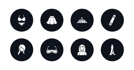 symbol for mobile filled icons set. filled icons such as bikini, skirt black short, long dress, perdible pin, female with long hair, glasses, curling hair, long black gown vector.