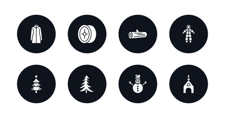 symbol for mobile filled icons set. filled icons such as fur coat, winter tire, logs, snowsuit, christmas tree, fir, snowman, chapel vector.