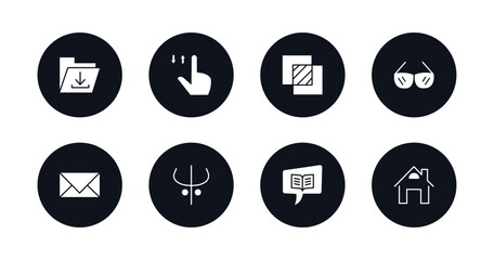 symbol for mobile filled icons set. filled icons such as download file, tab, overlay, circular glasses, close envelope, darkness, book and speech bubble, home button vector.