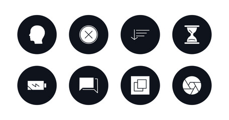 symbol for mobile filled icons set. filled icons such as head, wrong, sort down, sand clock, charging status, bubble speech, full screen, shutter vector.