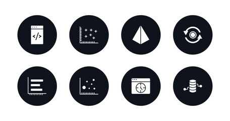symbol for mobile filled icons set. filled icons such as data coding, spotted data, triangular pyramid, data looping interface, dual bars interface, scatter circle, window time, analytics cylinder