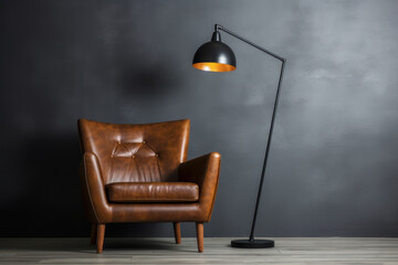 Generative AI - Luxurious Leather Armchair with Pillow and Floor Lamp for Ultimate Comfort and Style