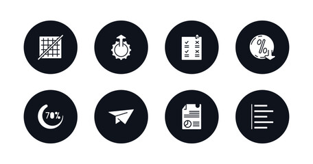 symbol for mobile filled icons set. filled icons such as grid off, upload up, confirmity, less percentage, loading indicator, flying origami airplane, data analytics content, justified vector. - obrazy, fototapety, plakaty