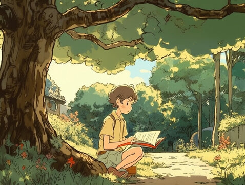 2D cartoon illustration of a child reading a book under a shady tree. The weather is sunny and with a gentle breeze.
