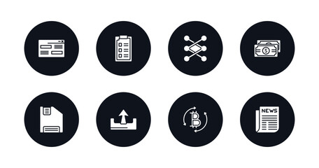 symbol for mobile filled icons set. filled icons such as looking, form, lace, dollar bills stack, floppy disk save button, extract button, digital currency, folded newspaper vector.