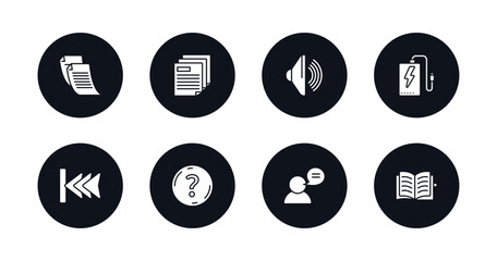 symbol for mobile filled icons set. filled icons such as written paper, multiple file, loud audio, power bank, backward track, round help button, user with speech bubble, open diary vector.