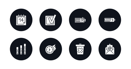 symbol for mobile filled icons set. filled icons such as daily calendar day 14, check box, battery loaded, battery medium charge, vertical bar, past, delete bin, email evelope vector.