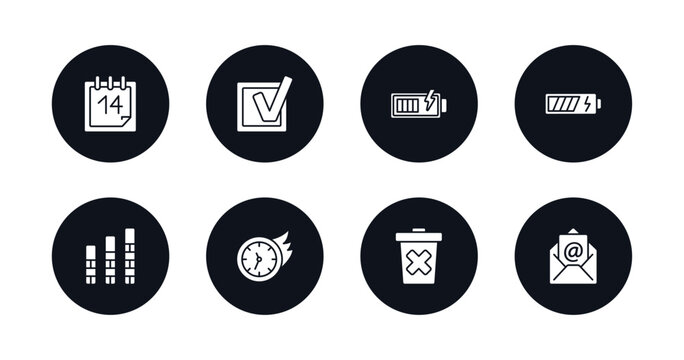 symbol for mobile filled icons set. filled icons such as daily calendar day 14, check box, battery loaded, battery medium charge, vertical bar, past, delete bin, email evelope vector.