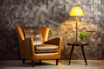 Generative AI - Luxurious Leather Armchair with Pillow and Floor Lamp for Ultimate Comfort and Style