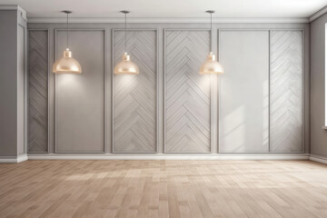 Elegant Interiors: Light Gray Wall with Decorative Panels and Wood Flooring