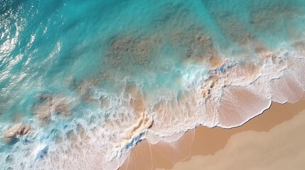 Ocean waves on the beach as a background. Beautiful natural summer vacation holidays background. Top view from drone. Aerial top down view of beach and sea with blue water waves. Generative AI