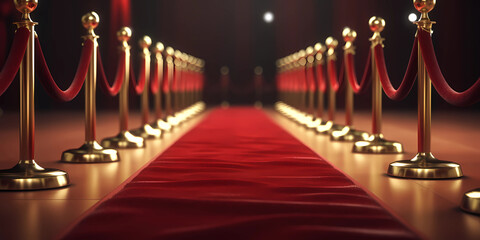 red carpet and velvet ropes on gala night. Generative AI - 611896657